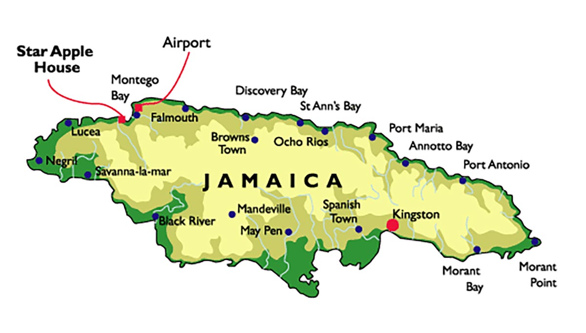 Map with location of Star Apple in Jamaica along ith Kingston and Sangster International Airport.